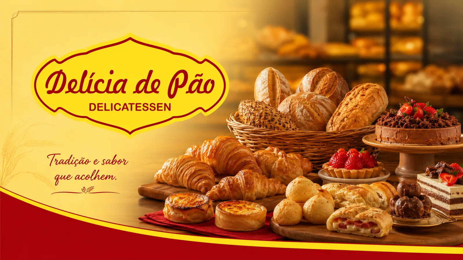 Vitrine da Delícia de Pão com pães artesanais, croissants, salgados e bolos