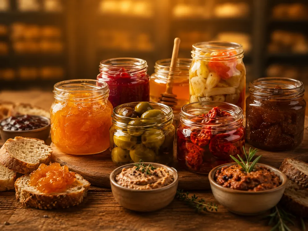 Potes de geleias artesanais, mel, azeitonas e conservas gourmet